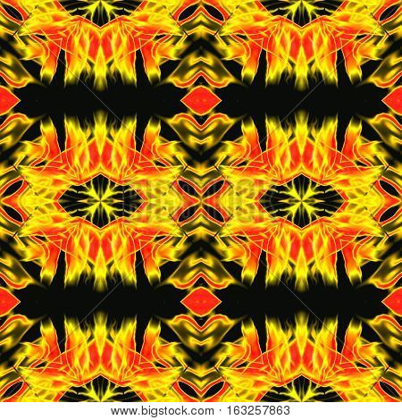 Abstract seamless kaleidoscopic infernal pattern with yellow and red fires. Gold and red hot pattern with stylized flames on a black background