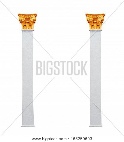 two columns and pilasters in Corinthian style isolated on white background.
