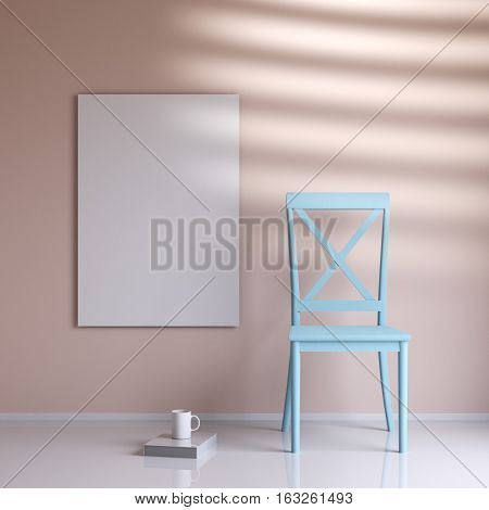 Mockup poster in the interior with a chair, a book and a cup, 3d rendering