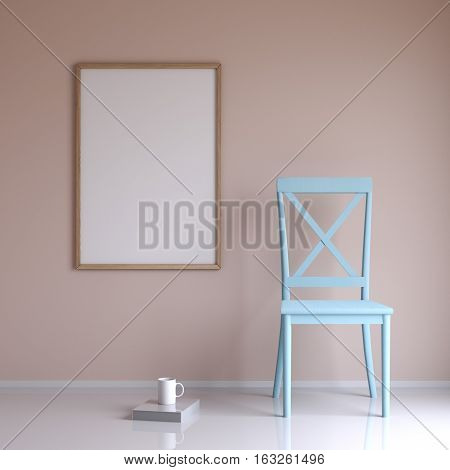 Mockup poster in the interior in a wooden frame with a chair, a book and a cup, 3d rendering
