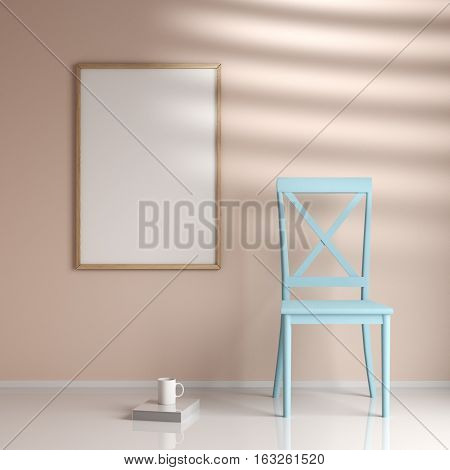 Mockup poster in the interior in a wooden frame with a chair, a book and a cup, 3d rendering