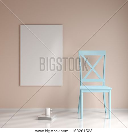 Mockup poster in the interior with a chair, a book and a cup, 3d rendering