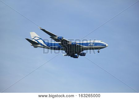 Amsterdam The Netherlands - August 10 2015: VP-BIM AirBridgeCargo Boeing 747-4HAF in flight approaching runway Polderbaan at Schiphol Amsterdam Airport