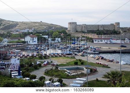 Tenedos castle and harbor restaurants in Bozcaada/Canakkale/Turkey