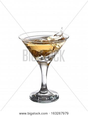 A Martini Glass On A White Background; The Water Ripples And Splashed As A Green Spanish Olive With