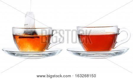 Set Of Cups With Tea Isolated On White Background.