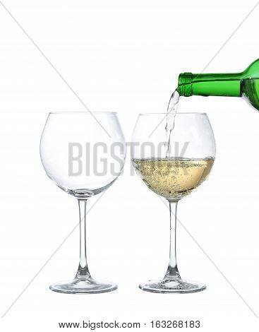 White Wine Bottle And Two Glasses. Isolated On White Background