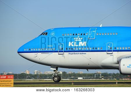 Amsterdam the Netherlands - August 18th 2016: PH-BFU KLM Royal Dutch Airlines Boeing 747-406(M) taking off from Polderbaan Runway Amsterdam Airport Schiphol
