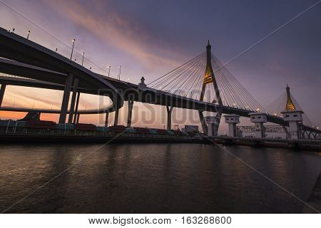 Bangkok City - Beautiful sunset view of Bhumibol Bridge, Thailand