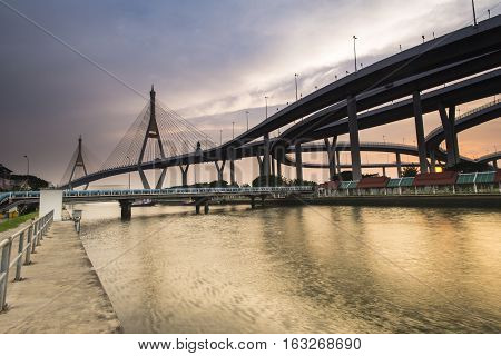 Bangkok City - Beautiful sunset view of Bhumibol Bridge, Thailand
