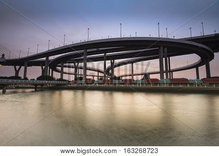 Bangkok City - Beautiful sunset view of Bhumibol Bridge, Thailand