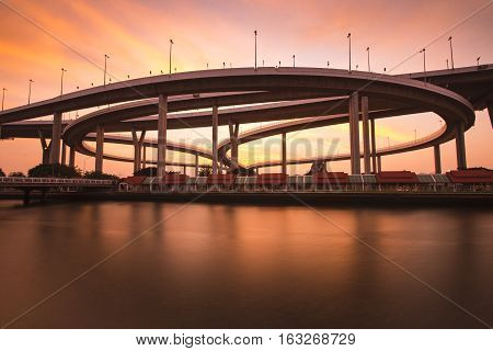 Bangkok City - Beautiful sunset view of Bhumibol Bridge, Thailand