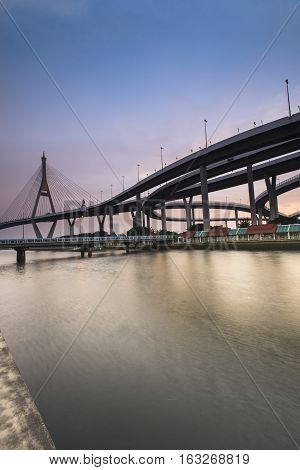 Bangkok City - Beautiful sunset view of Bhumibol Bridge, Thailand