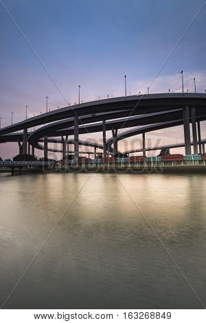 Bangkok City - Beautiful sunset view of Bhumibol Bridge, Thailand