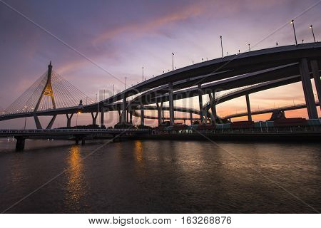 Bangkok City - Beautiful sunset view of Bhumibol Bridge, Thailand