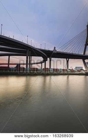 Bangkok City - Beautiful sunset view of Bhumibol Bridge, Thailand