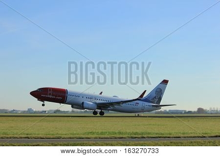 Amsterdam the Netherlands - November 25th 2016: LN-NGF Norwegian Boeing 737 taking off from Polderbaan Runway at Amsterdam Airport Schiphol