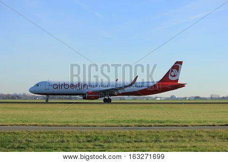 Amsterdam the Netherlands - November 25th 2016: D-ABCP Air Berlin Airbus A321 taking off from Polderbaan Runway at Amsterdam Airport Schiphol