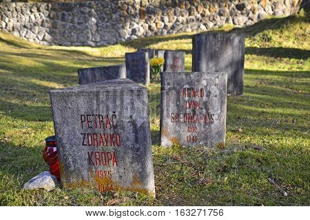 Begunje Slovenia - December 25th 2016. Gravestones at the Begunje Hostages Cemetery. The small cemetry is a World War Two memorial.