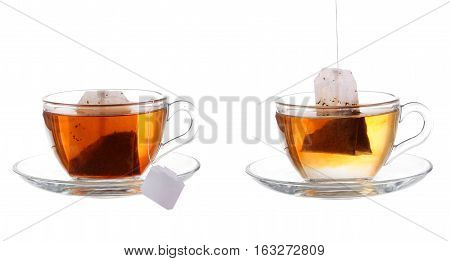 Set Of Cups With Tea Isolated On White Background.