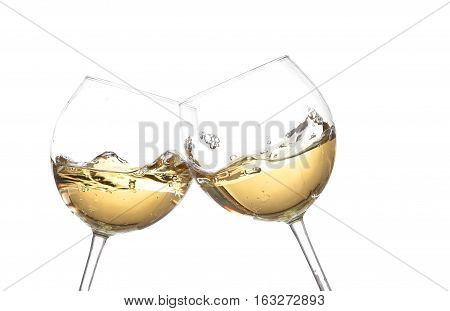 White Wine Collection - Cheers! Clink Glasses With White Wine. Isolated On White Backgroundwine Swir