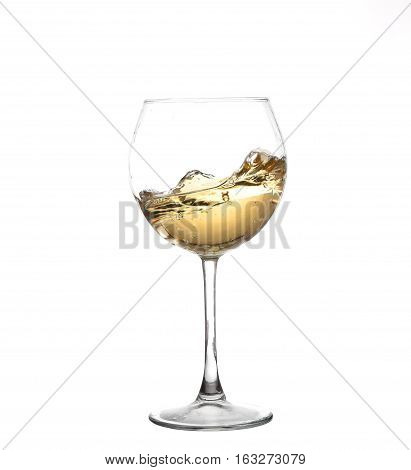 White Wine Swirling In A Goblet Wine Glass, Isolated On A White Background