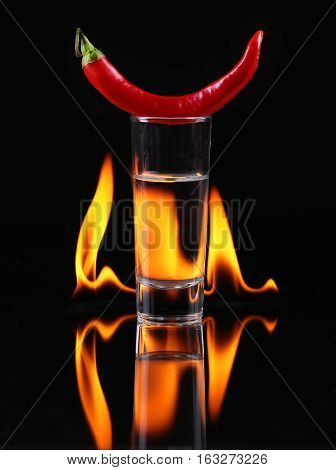 Hot Chili Pepper In A Shot  Glass With A Fire On A Black Background