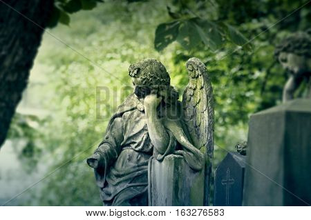 Statue of a beautiful angel. Olsany Cemetery, the largest graveyard in Prague, Czech Republic. Summer time with moody, dark green colors