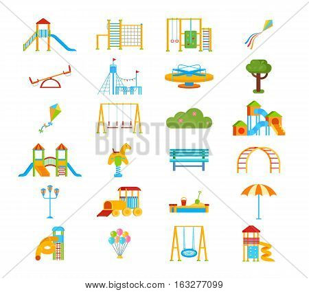 Childrens playground flat isolated elements in cartoon style with slippery dip ladder seesaw gym wall bars vector illustration