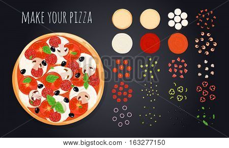 Pizza create decorative icons set with round pizza image and vegetable slices bunch of cooking ingredients vector illustration