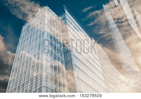 Modern city office buildings with glass windows