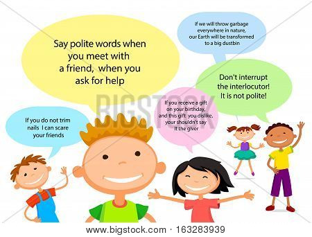 Vector brochure backgrounds with cartoon children. Infographic template design. Courtesy lesson for children rights to the banner advertisement for children illustration
