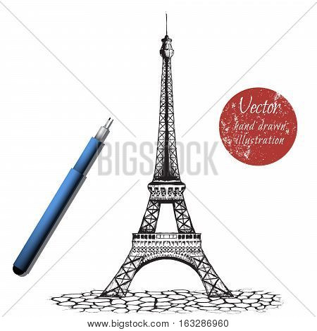 eiffel tower on white background.Handcrafted by ink.Stock vector