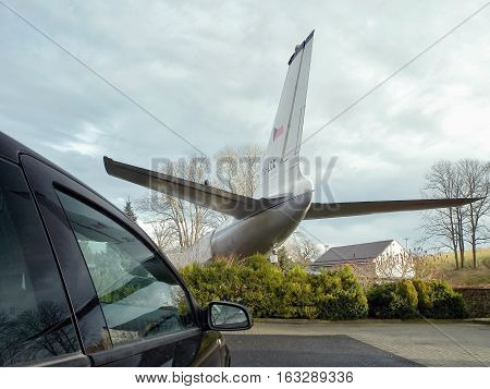 Petrovice Ustecky kraj Czech republic - december 10 2016: rear part of the old airliner Tupolev T-104 today functioning as a restaurant