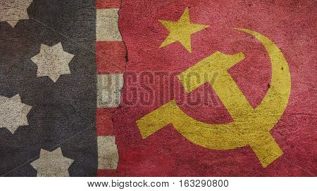 Usa Flag and Urss Flag on Cracked Concrete