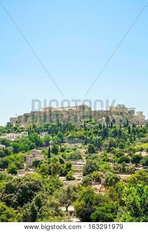 Aerial View of famous Greek temple against clear blue sky Acropolis of Athens in Greece