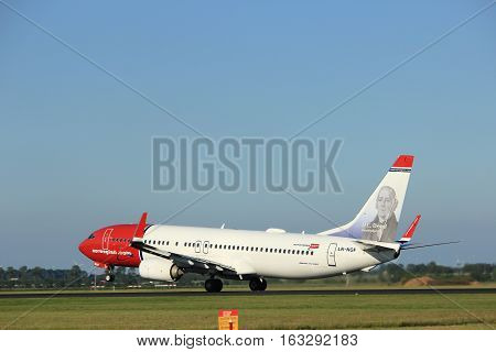 Amsterdam the Netherlands - August 18th 2016: LN-NGF Norwegian Air Shuttle Boeing 737 taking off from Polderbaan Runway Amsterdam Airport Schiphol