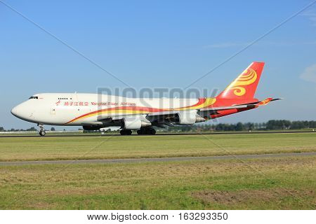 Amsterdam the Netherlands - August 18th 2016:B-2432 Yangtze River Express Boeing 747 taking off from Polderbaan Runway Amsterdam Airport Schiphol