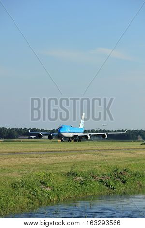 Amsterdam the Netherlands - August 18th 2016: PH-BFD KLM Royal Dutch Airlines Boeing 747-406(M) taking off from Polderbaan Runway Amsterdam Airport Schiphol
