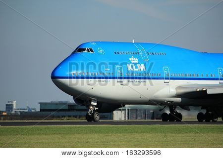 Amsterdam the Netherlands - August 18th 2016: PH-BFD KLM Royal Dutch Airlines Boeing 747-406(M) taking off from Polderbaan Runway Amsterdam Airport Schiphol
