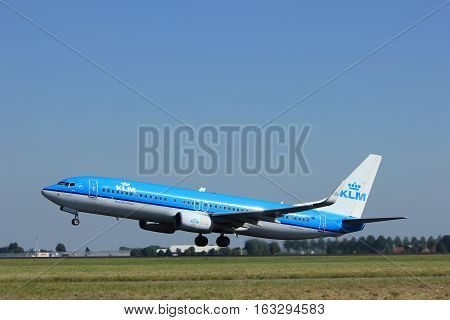 Amsterdam the Netherlands - August 18th 2016: PH-BXE KLM Royal Dutch Airlines Boeing 737 taking off from Polderbaan Runway Amsterdam Airport Schiphol