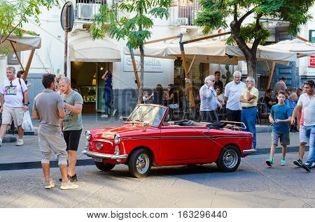 Catania, Italy - September 13, 2015: Vintage small car Autobianchi Bianchina Convertible in Catania, Sicily, Italy