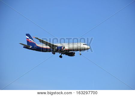 Amsterdam the Netherlands - May 6th 2016: VP-BQV Aeroflot - Russian Airlines Airbus A320 approaching Schiphol Polderbaan runway arriving from Moscow Russia