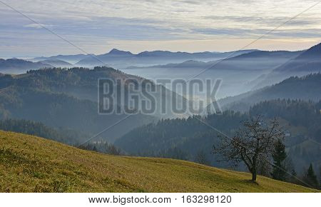 The landscape near Jamnik in north west Slovenia with the Julian Alps in the background.