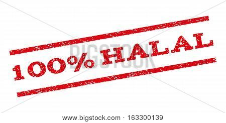 100 Percent Halal watermark stamp. Text caption between parallel lines with grunge design style. Rubber seal stamp with dirty texture. Vector red color ink imprint on a white background.
