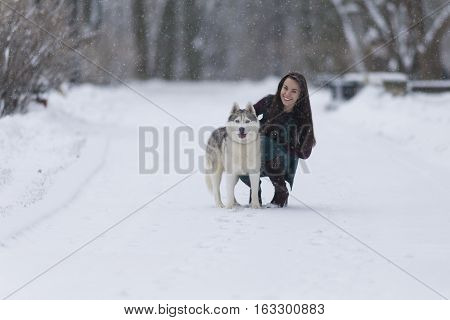 Human and Pet Relationships Concepts. Portrait of Lovely Caucasian Brunette Woman Along With Her Husky Dog. Walking Together Outdoors in Snowy Winter Forest.Horizontal Image