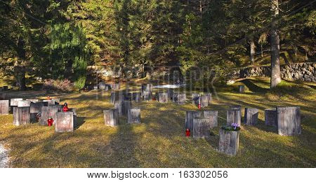 Begunje Slovenia - December 25th 2016. Gravestones at the Begunje Hostages Cemetery. The small cemetry is a World War Two memorial.