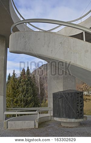 Drazgose, Slovenia - December 25th 2016. The Drazgose Spomenik World War Two memorial which stands outside of the village of Drazgose. The memorial commemorates the 1942 Battle of Drazgose.