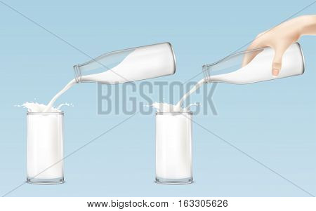 Set of vector icons milk from the bottle is poured into a glass