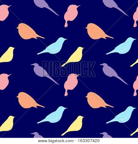 Seamless romantic pattern with silhouette of birdsin pastel colors on blue background.